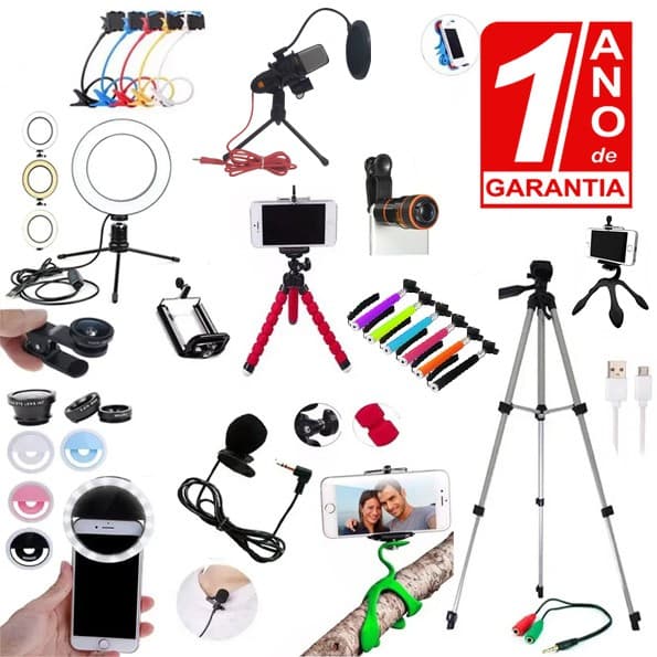 Kit Youtuber Profissional com Tripé 1,20 + 2 Ring Light + Microfone de Mesa com Pop Filter + Lente Peixe + Bastão de Selfie + Suporte Flexível