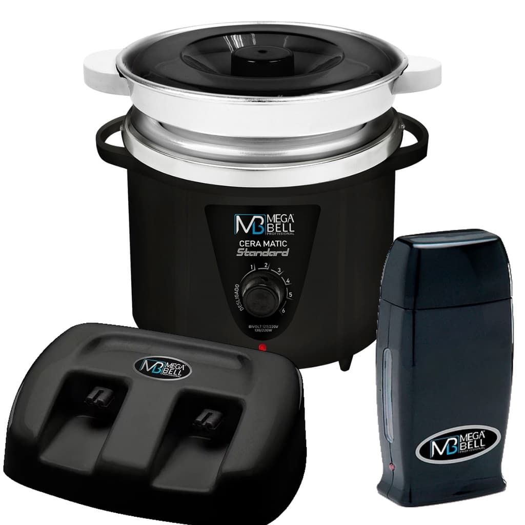 Termocera Panela Depilação 900g c/ Refil Preto + Base Dupla c/ 1 Rollon Preto Mega Bell