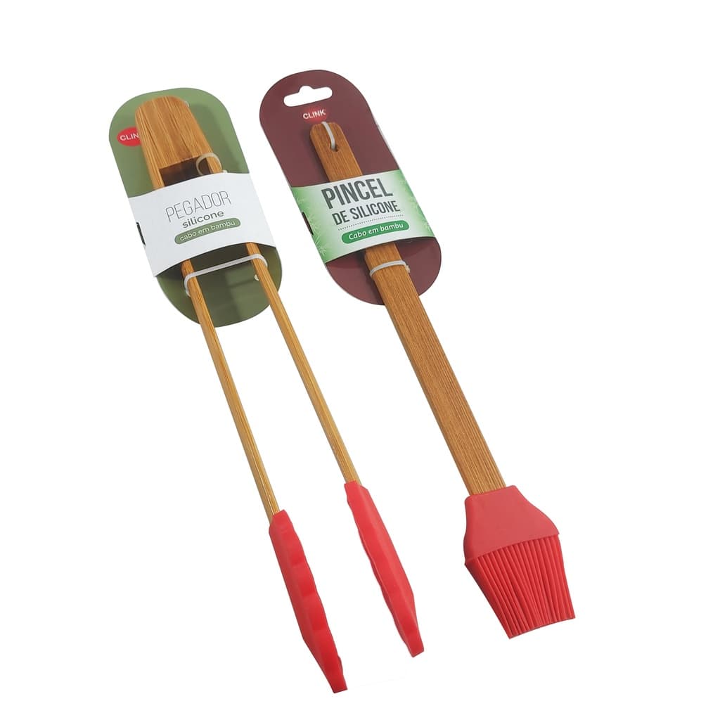 Kit Pegador pinça + Pincel culinário cabo em bambu