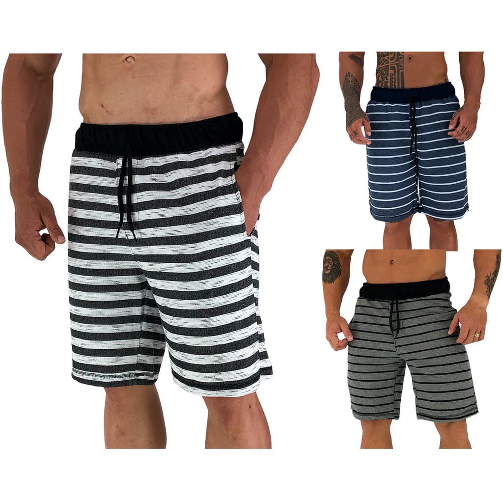 Kit 3 Bermudas Masculinas MXD Conceito em Moletom ou Moletinho Cores Listras Para o Verão Rajado Branco, Listrado Marinho e Listrado Mescla