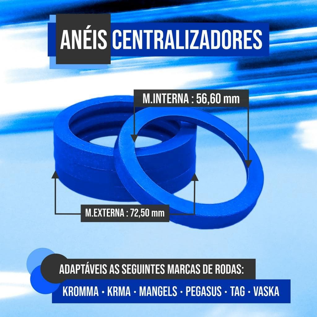 Kit 4 pçs Anéis Centralizadores Azul /GM Chevrolet Med. ext: 72,5  int: 56,6 - Mangels/Vaska/KRmai