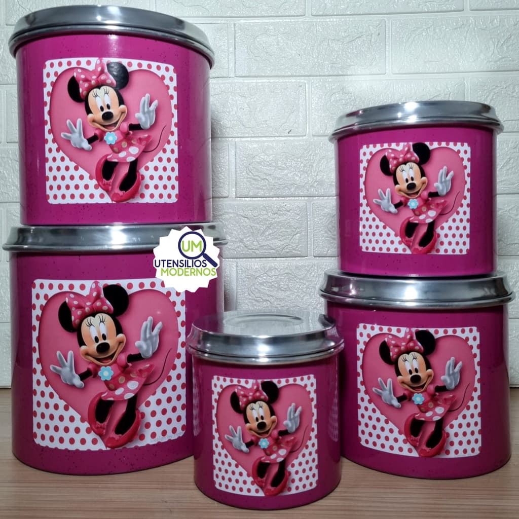 Jogo de Mantimentos Rosa Pink Potes Latas 5 Peças Alumínio Varias Estampas