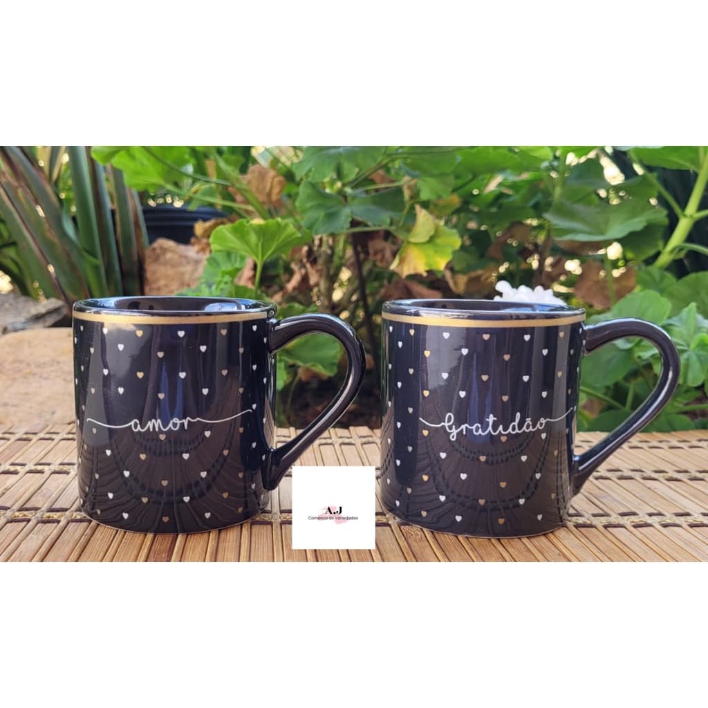 Kit 2 Canecas Café Chá Porcelana Preta Decoradas 250ml