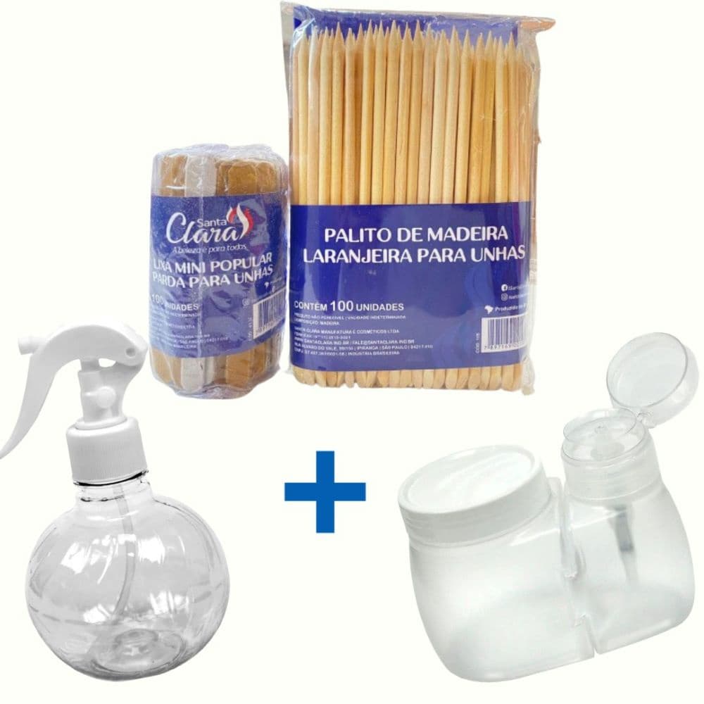 Kit Manicure Pulverizador + 100 palitos + 100 lixas + Dosador de Acetona Santa Clara