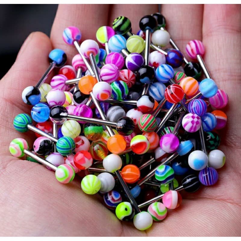 kit DE Piercing Língua CONTEM 12 PECA  Aço INOX Colorido Bolinha Acrilico