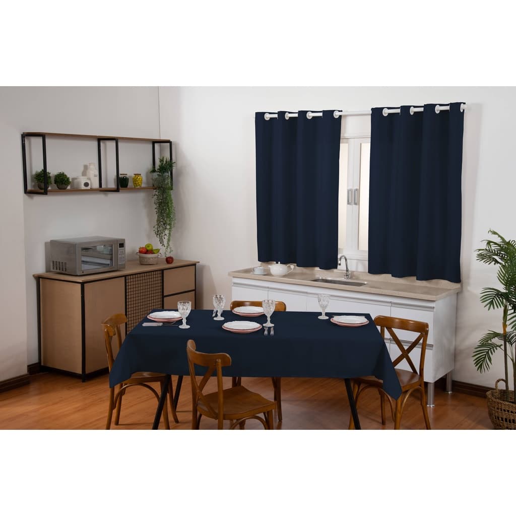 Jogo Toalha De Mesa 6 Cadeiras E Cortina Cozinha 2,00x1,40 Azul Marinho