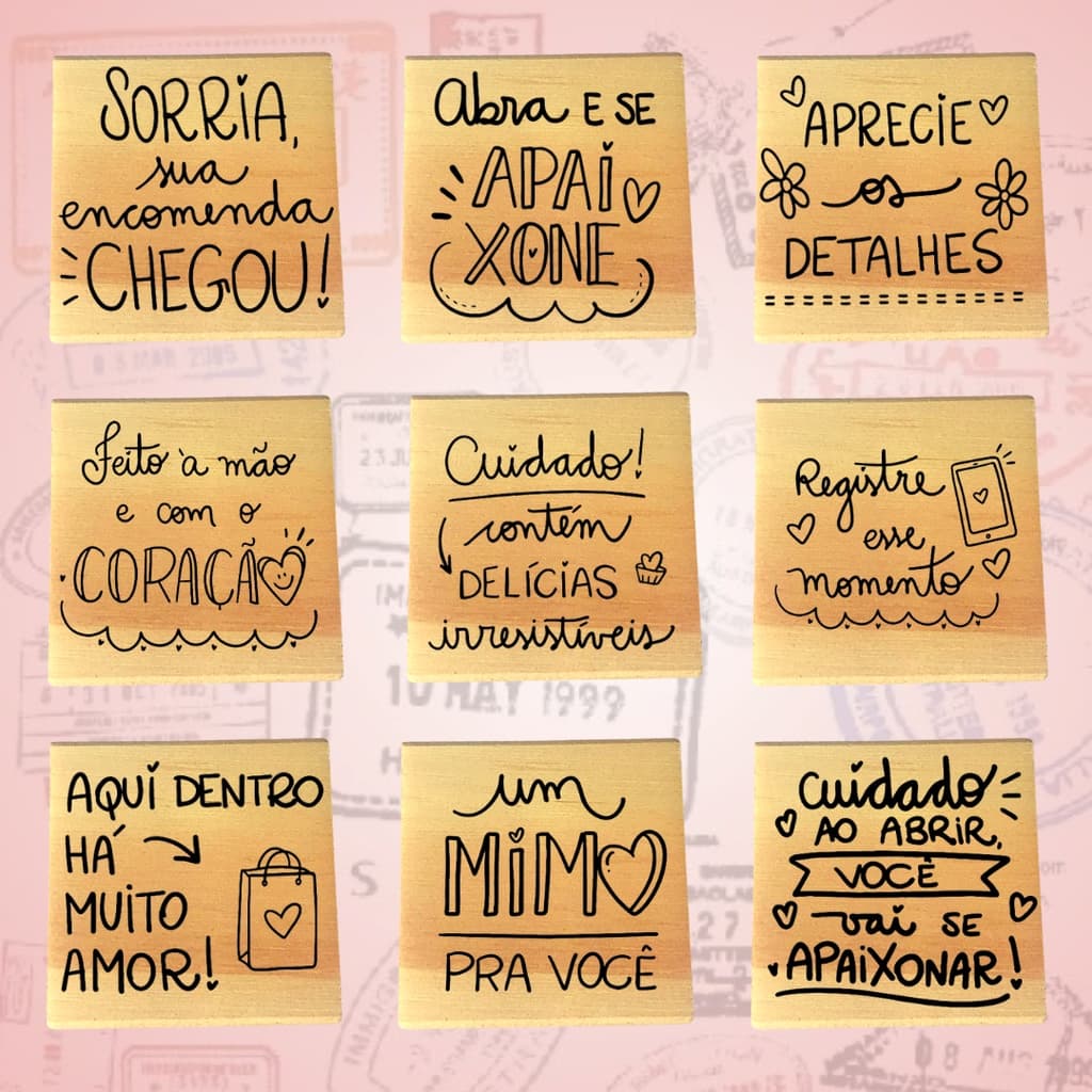 Carimbos de madeira com frases para embalagens, tags e sacolas
