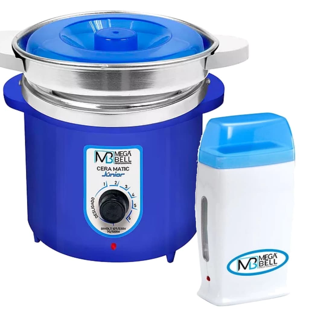 Kit Depilação Termocera 400gr Com Refil Corpo Azul + Aquecedor de Cera Roll-on Azul Mega Bell
