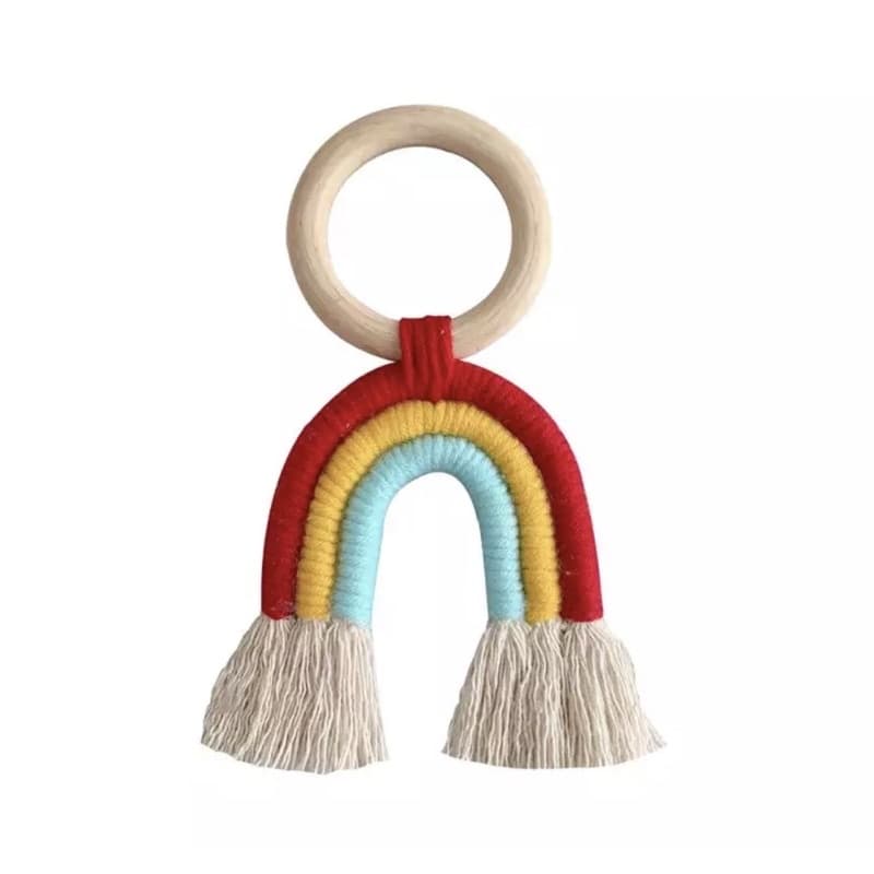 Mordedor de madeira e algodão de arco iris para bebês e crianças. Brinquedo montessoriano.