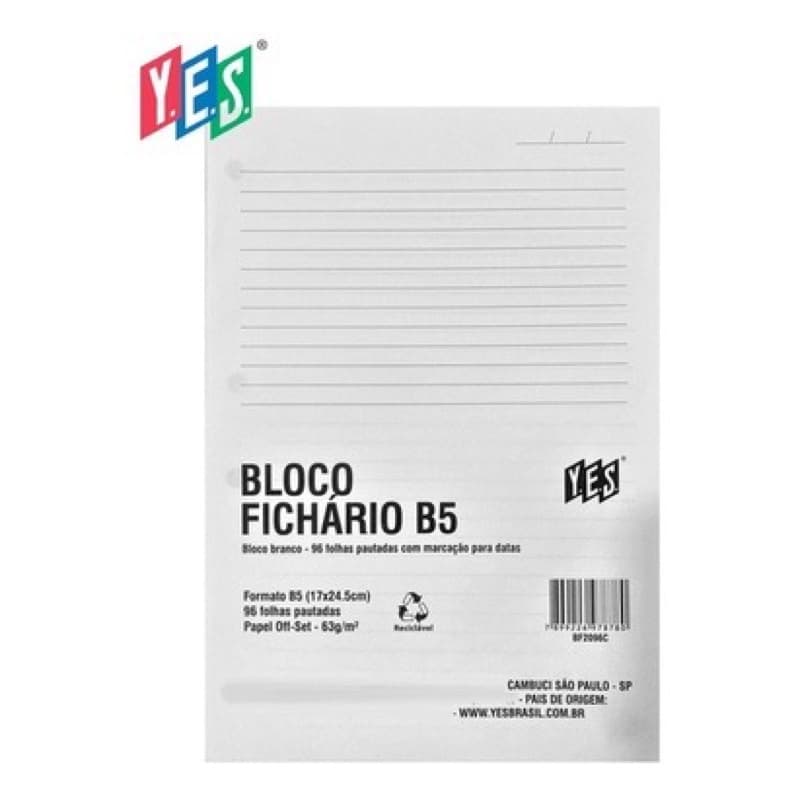Bloco de Fichário Yes B5 Colegial c/96folhas.