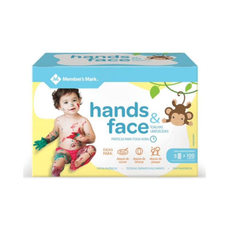 Toalha Umedecida Hands & Face Caixa 5 Pacotes de 20 Unidades Cada Lenço para Rosto e Mãos Member's Mark