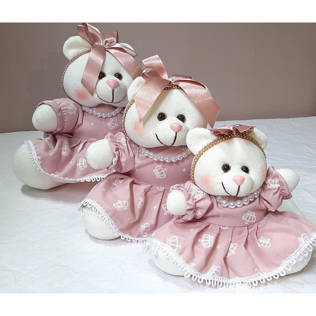 Trio Ursa Luxo Rosê Para Nicho Decoração Quarto Bebê 3 unid