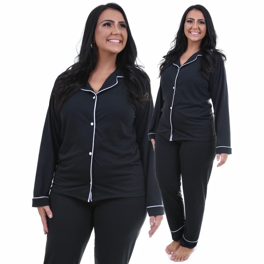 Pijama Americano Longo Feminino Inverno Blusa e Calça Comprida com Botões Atacado