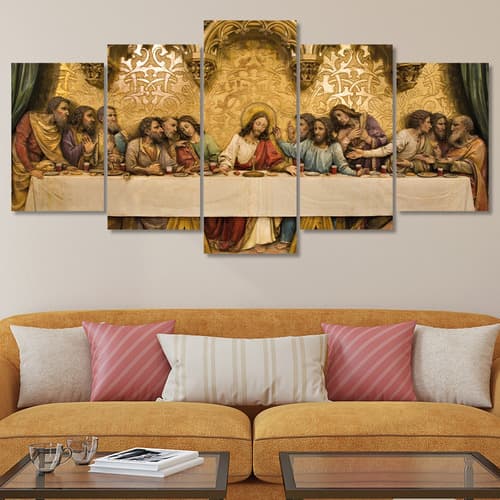 Kit Quadros Decorativos Mosaico 5 peças Santa Ceia Escultura Religioso Católico Grande MDF full hd