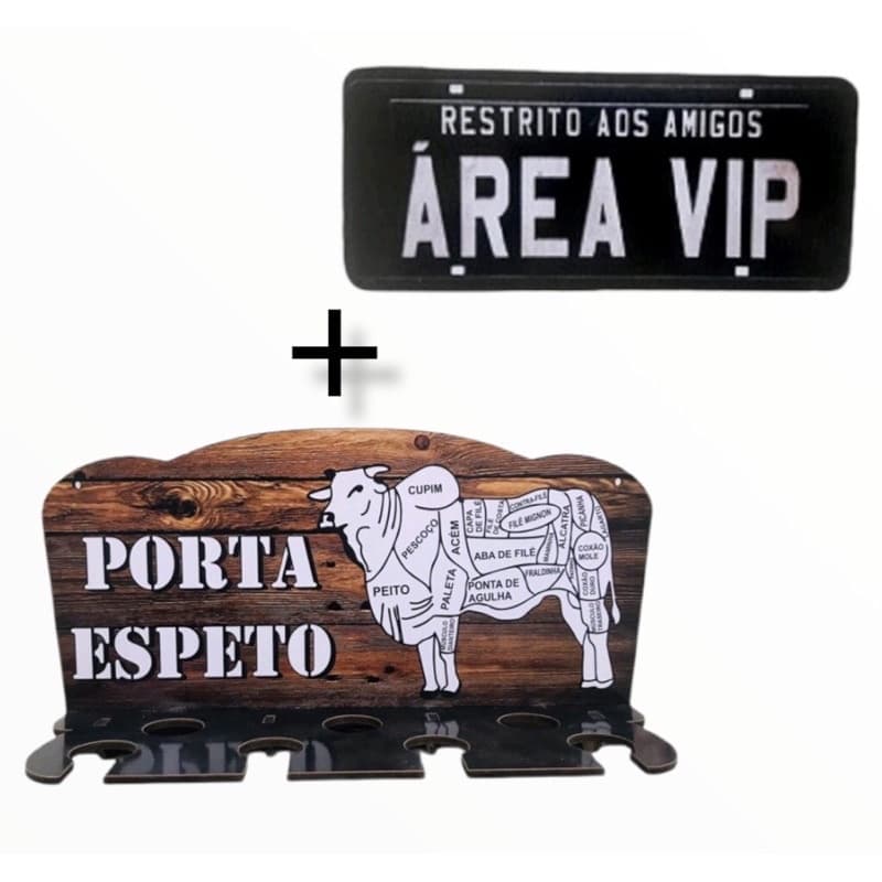Porta espetos + Placa madeira MDF parede Churrasqueira