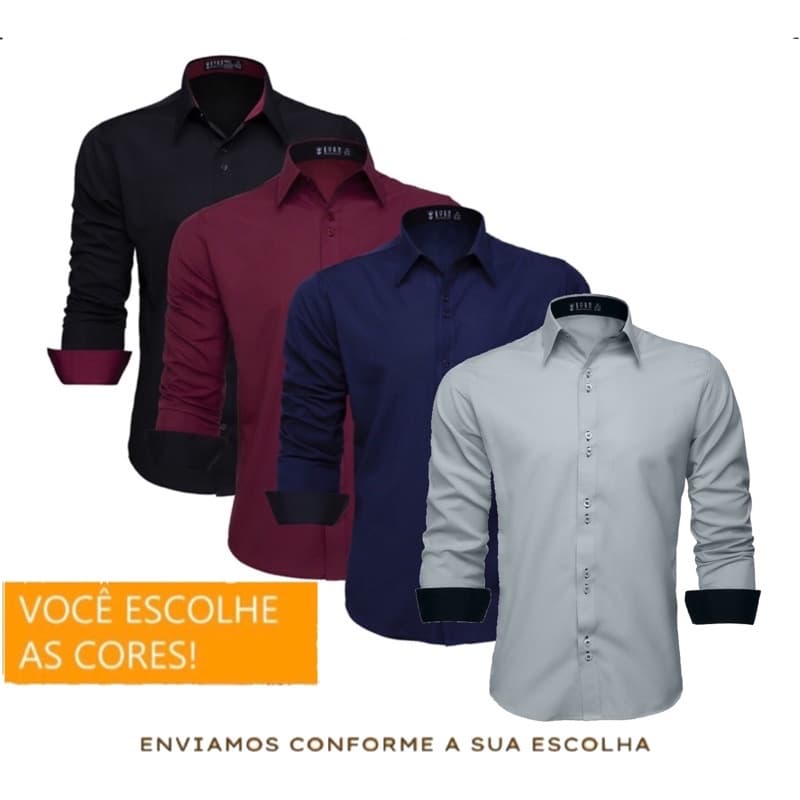 Kit 4 Camisas Social Slim Masculina Manga Longa