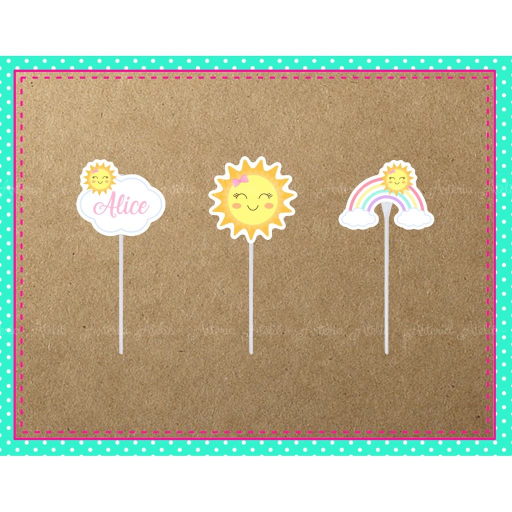20 topper de doces toper tag Aplique Decoração Festa Aniversário raio de sol solzinho sunshine laço rosa