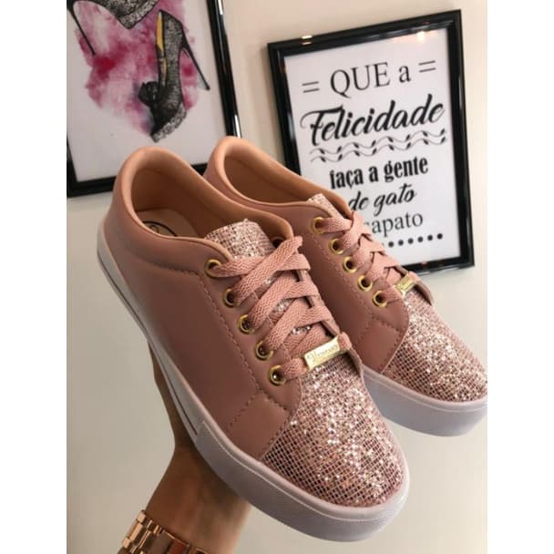 Tênis Feminino Casual Rosê com detalhe brilho discreto  Flat Form Sapatenis