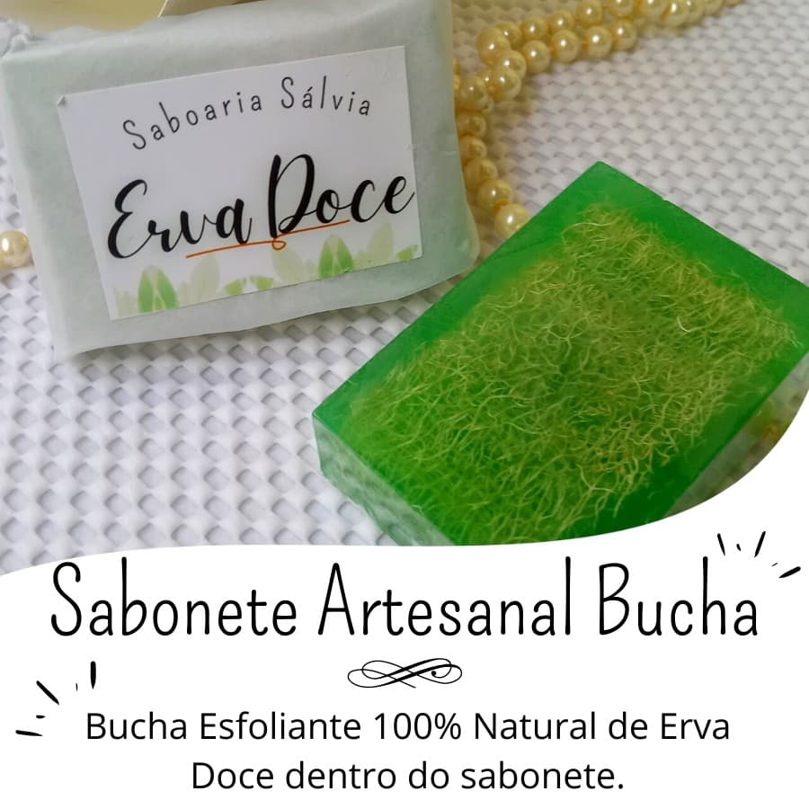 1 Unidade de Sabonete Artesanal em Barra com Bucha 100% Vegetal de Erva Doce - Saboaria Sálvia