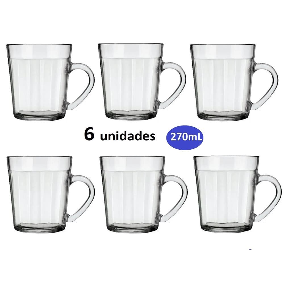 Jogo de 6 canecas 270ml de vidro, para bebida da sua preferência, Americano Nadir.