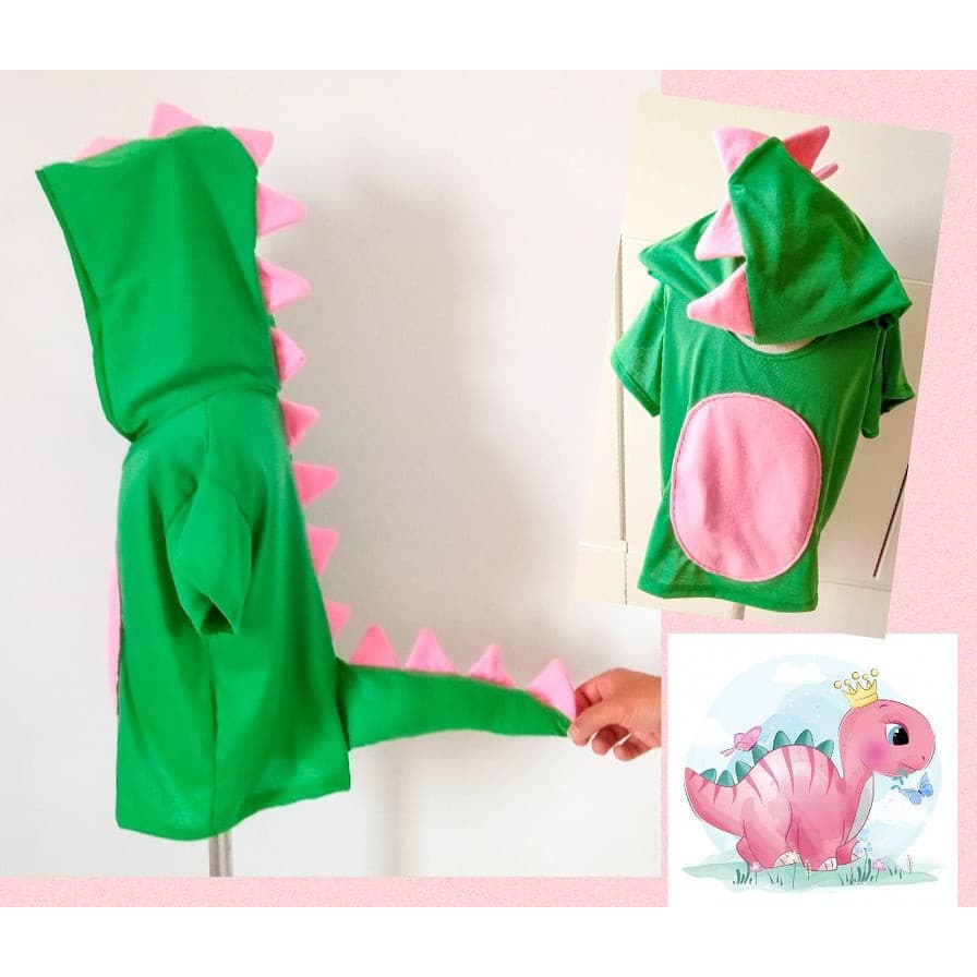 Camiseta Dino Menina Fantasia Dinossauro Verde E Rosa