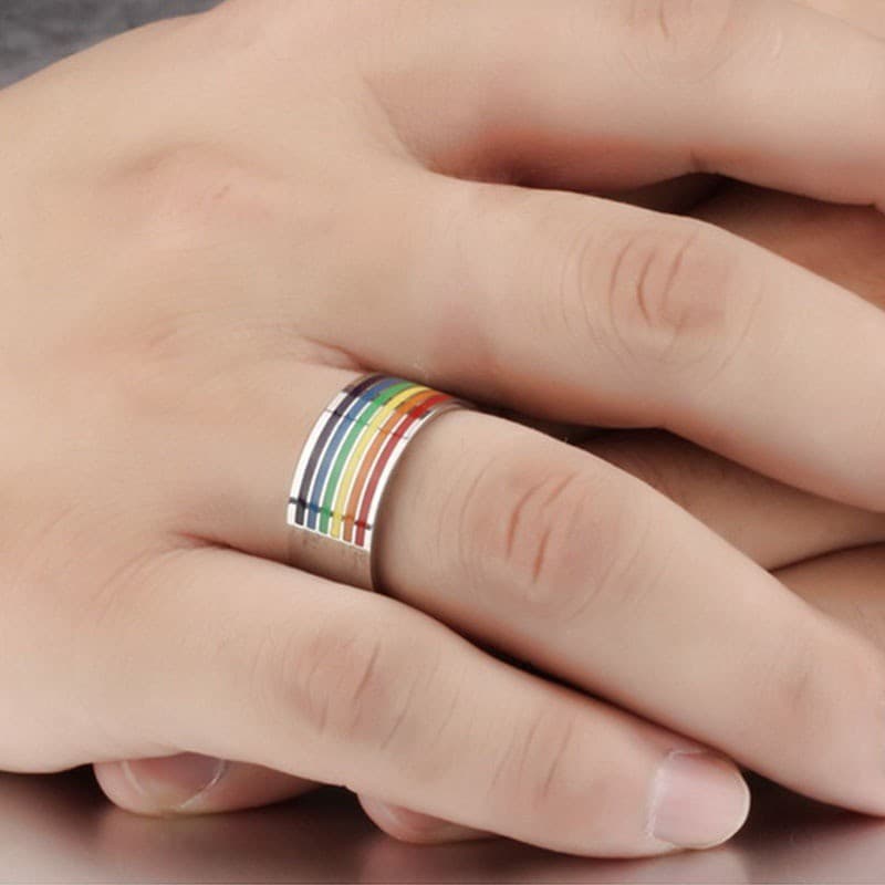Aliança Anel De Aço Inoxidável 10mm Arco-Íris Completo Orgulho LGBTQI+ Meia Lua