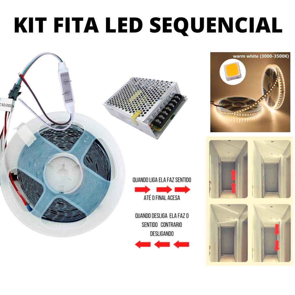 KIT Fita LED 3528 120 LED’s 10 Metros Sequencial 24V Branco Quente 3000K + Fonte 5A