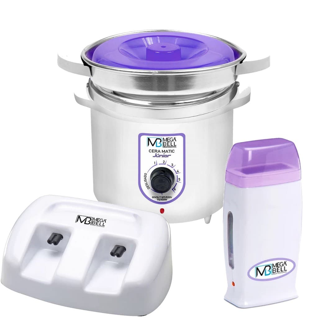 Termocera Panela Depilação 400g com Refil + Base Dupla com 1 Rollon Branco com Lilás - Mega Bell