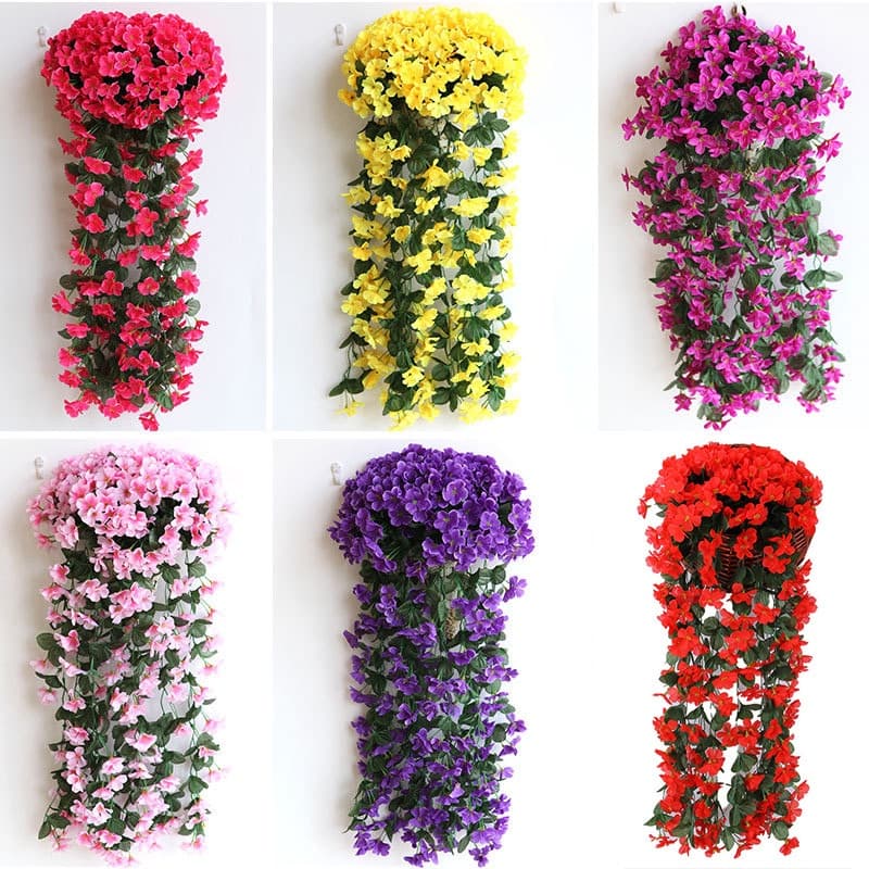 Moda Violeta Flores Artificiais Parede Pendurado Cesta Flor Orquídea De Seda Vine Festa De Casamento Casa Rua Decoração De Luz