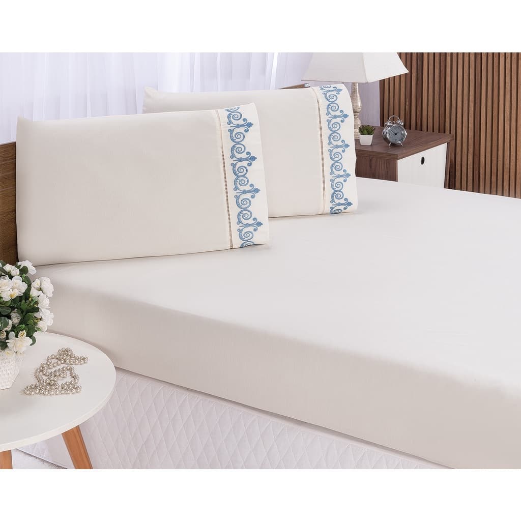 Jogo De Cama Lençol Casal King Size 3 Peças Bordado Algodão 400 Fios