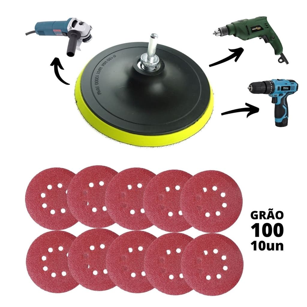 Kit Base Disco de Lixa + 10 Lixas 100 com Adaptador p/ Furadeira Lixadeira