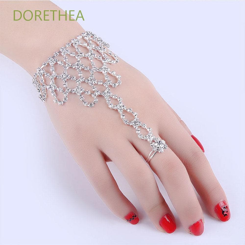 DORETHEA Pulseira De Elo De Corrente Arnês De Mão Cristal Casamento Clássico Dança Joias Anel De Dedo Conectado