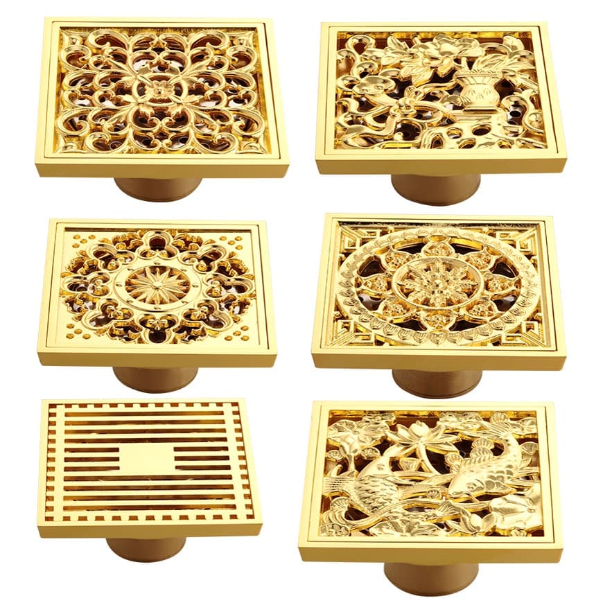 Latão Dourado 10 * 10 cm Quadrado Banheiro Inserir Telha Ducha Piso Dreno Interior E Exterior Máquina De Lavar Jardim Filtro Anti-odor De Água Uzh201