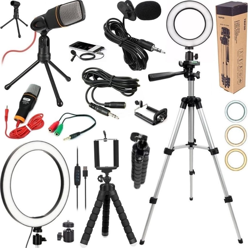 Kit Vlog Tripé Iluminador Led Microfone Condensador + Lapela Acessórios Celular Youtuber