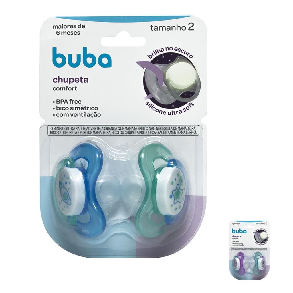 Kit com 2 Chupetas Comfort Noturna Fase 2 Brilha no Escuro Com Ventilacao Com Tampa Buba