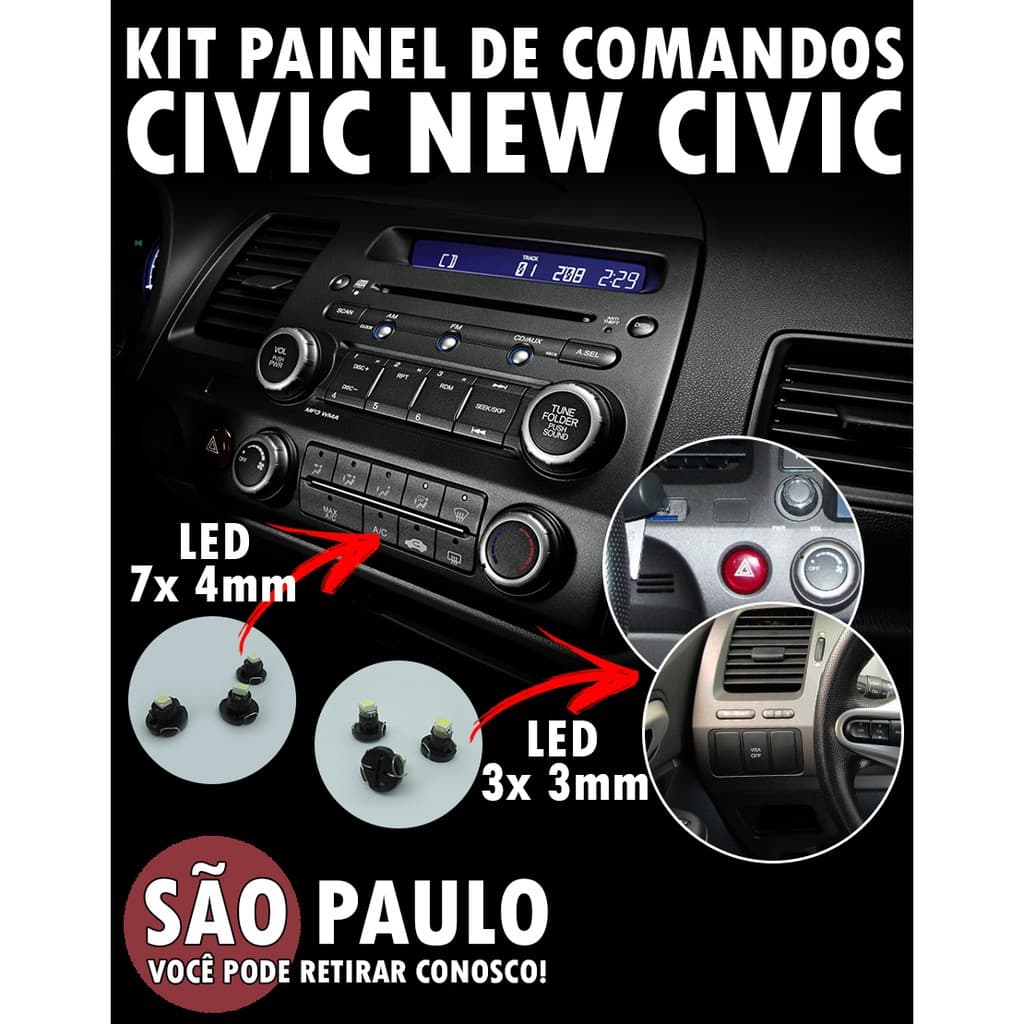 Kit New Civic 4 Lâmpadas Led T3 E 7x T4 Painel + Led Câmbio