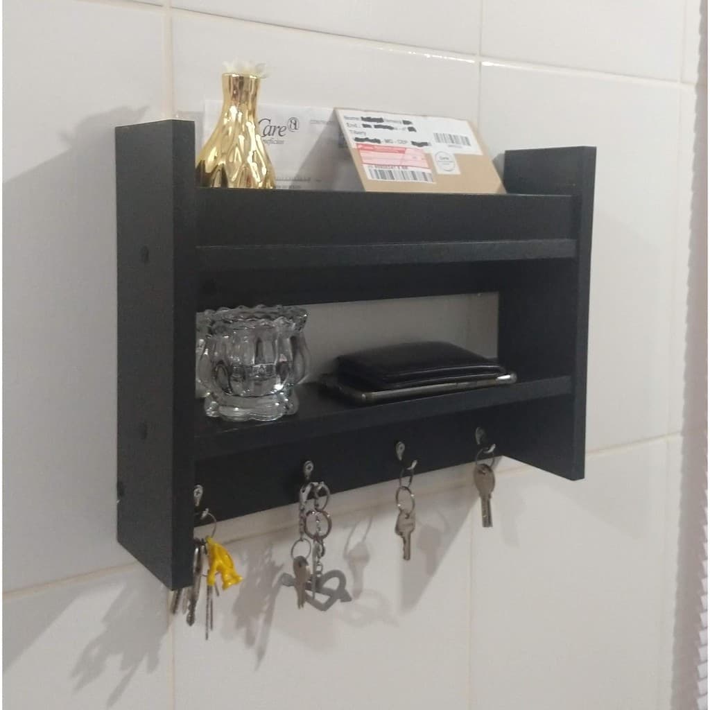 Porta Chaves Organizador Correspondência em MDF Preto