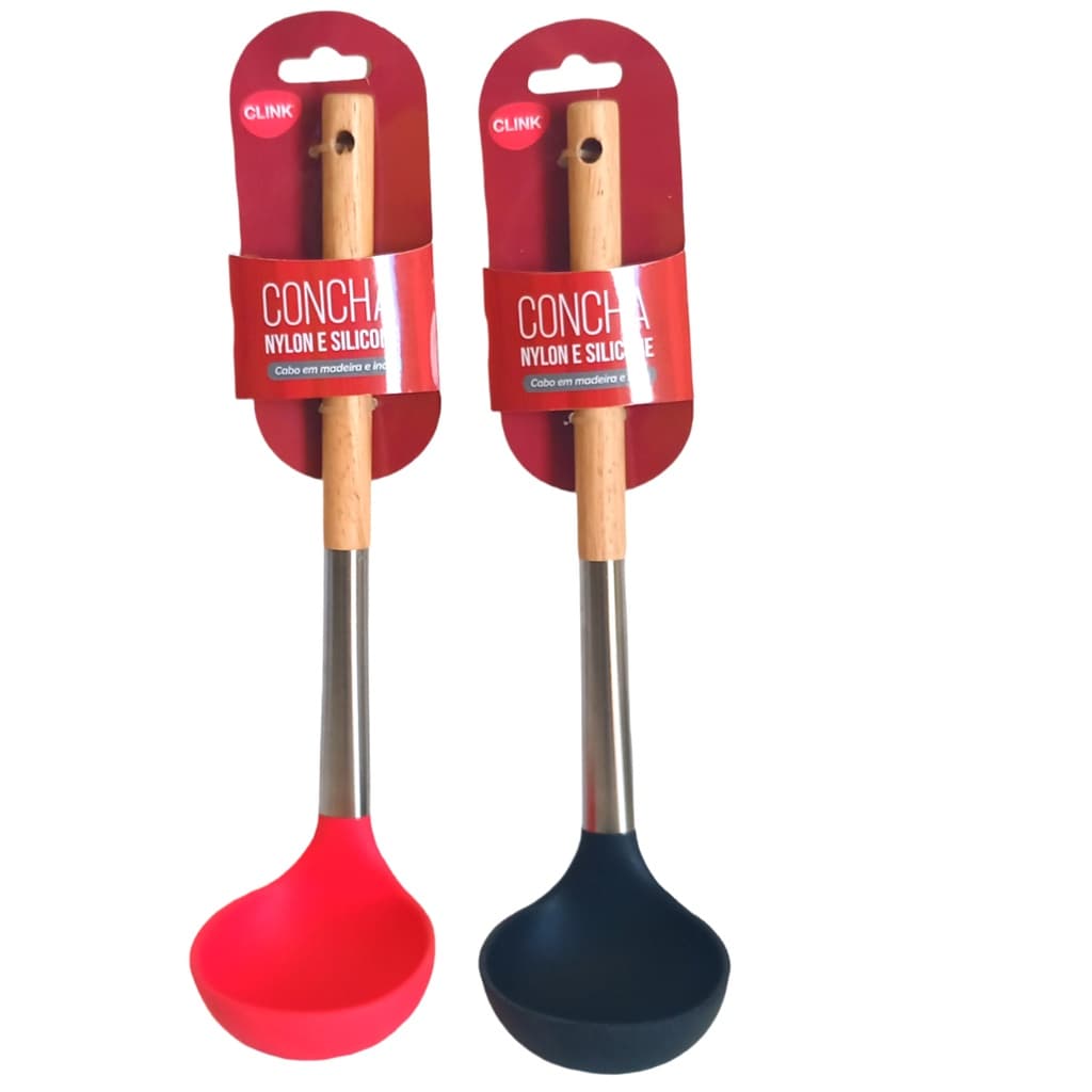 2 Concha de Silicone Antiaderente Metal e Madeira Concha Higiênica para Feijão/Arroz