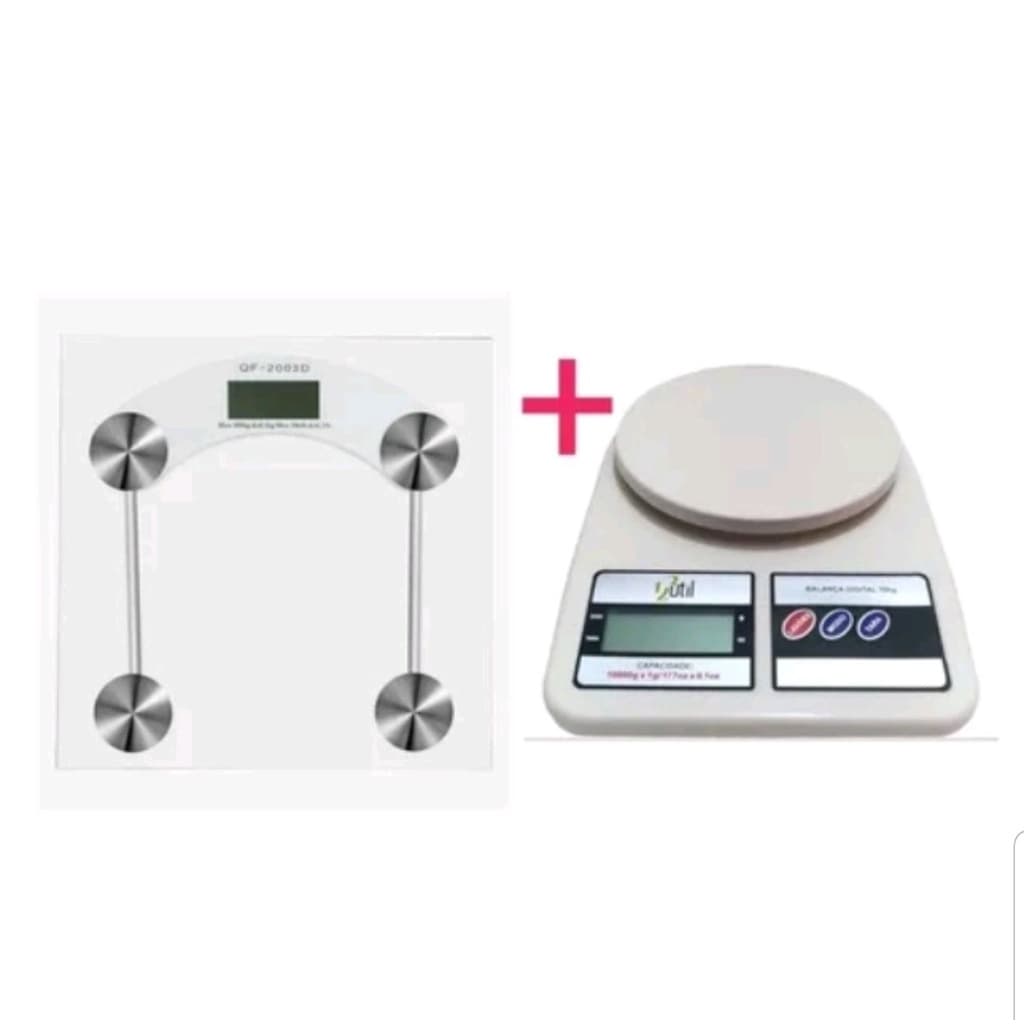Kit Balança Precisão Digital de Cozinha 10Kg + Balança Digital Corporal de Banheiro e Academia Vidro Temperado 180Kg