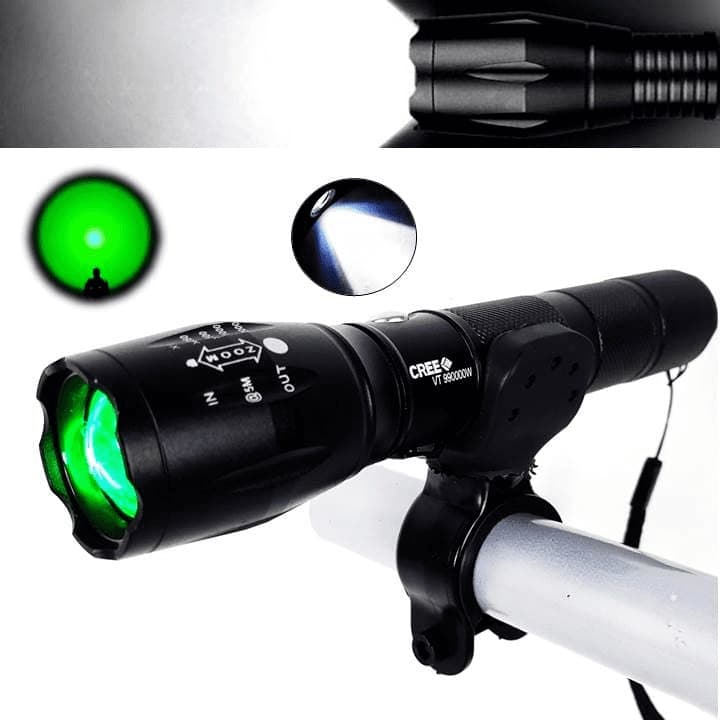 Lanterna Tática 2 LEDs Luz Branca E Verde T6 Foco Zoom Potencia Acompanha Suporte 688T6
