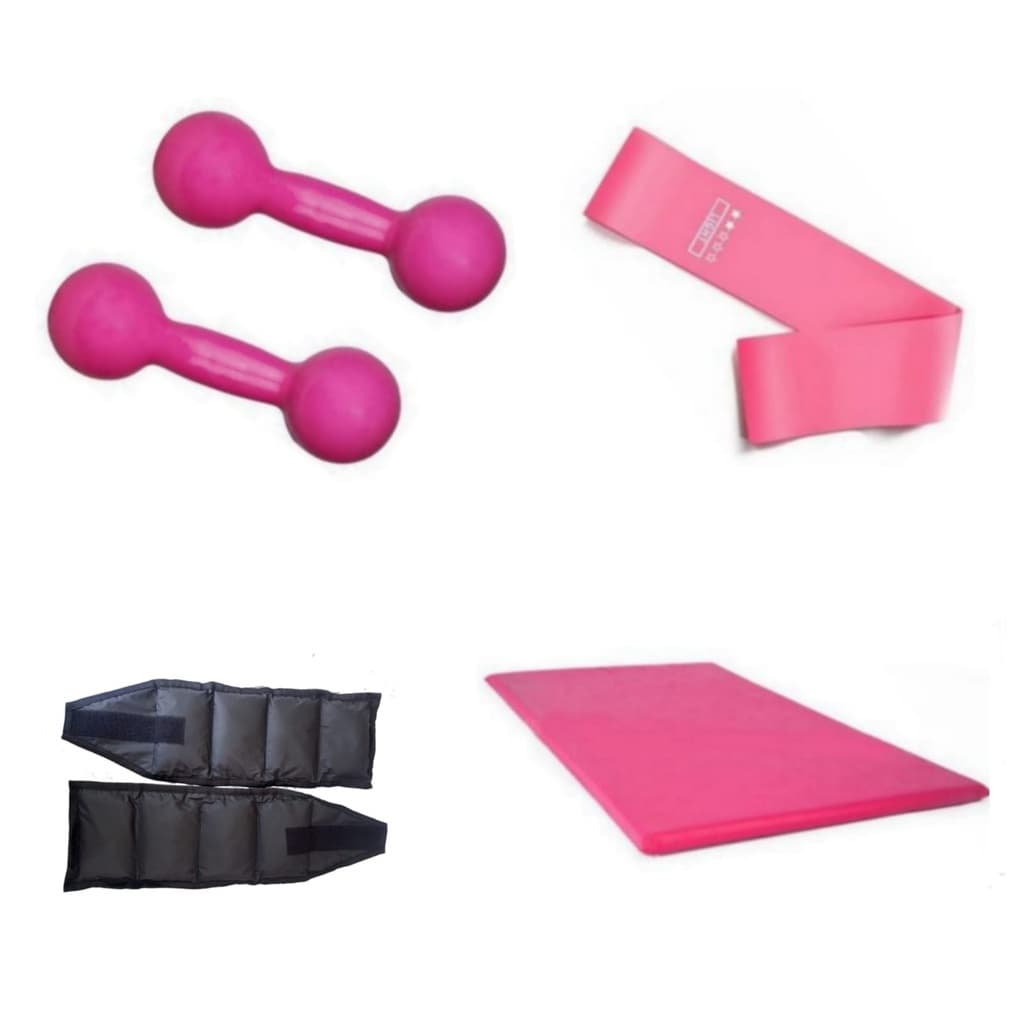 Kit Aérobico Treino Em Casa Par Halter 1 Kg Rosa Emborrachado + Par Caneleira 1 Kg + Colchonete + Elástico Theraband