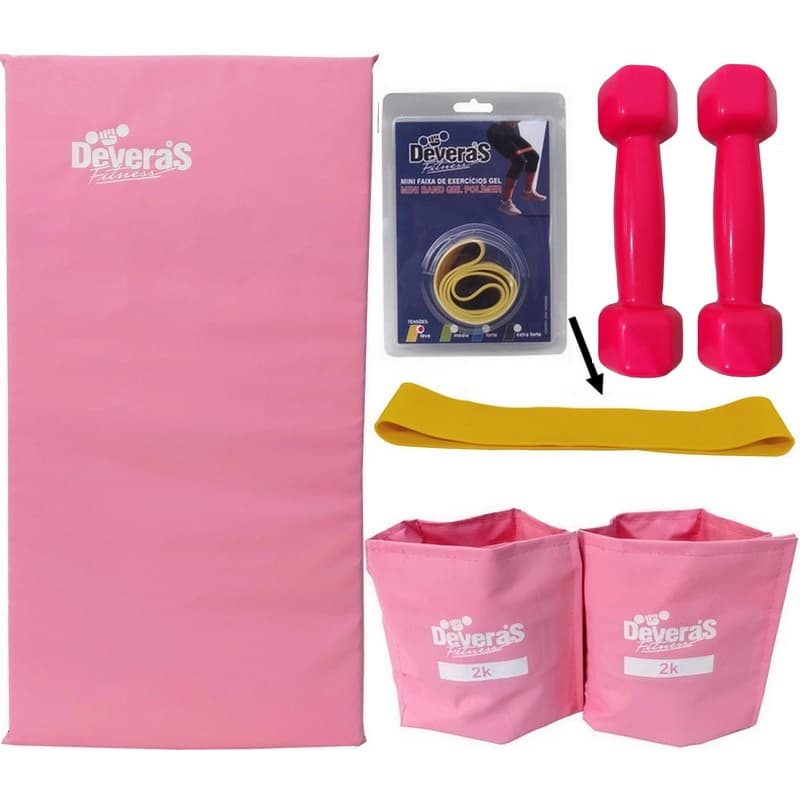 kit musculacao com elástico de ginástica mini band leve + tornozeleira peso 2 kg + halteres 1 kg emborrachado + colchonete de ginastica
