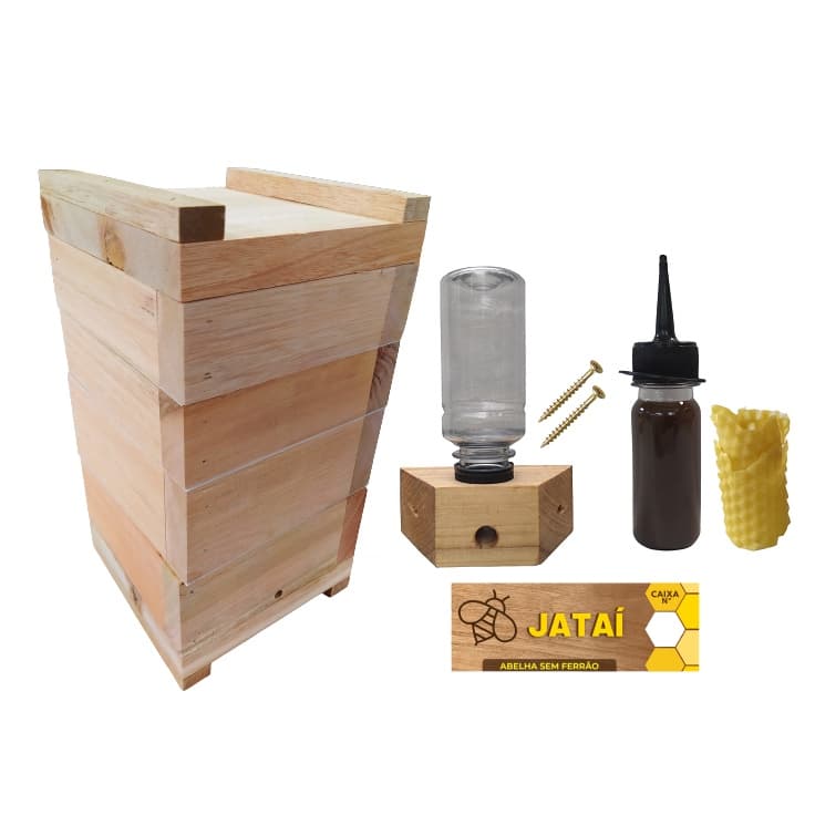 Caixa de Abelhas Jataí 12x12cm Atrativo + Cera + Alimentador + Placa