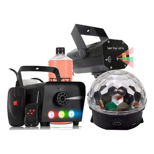 Kit Iluminação Para Festa De Aniversario Djs Máquina De Fumaça 600w Rgb Projetor Holografio Globo Mágico Sensor Ritmo