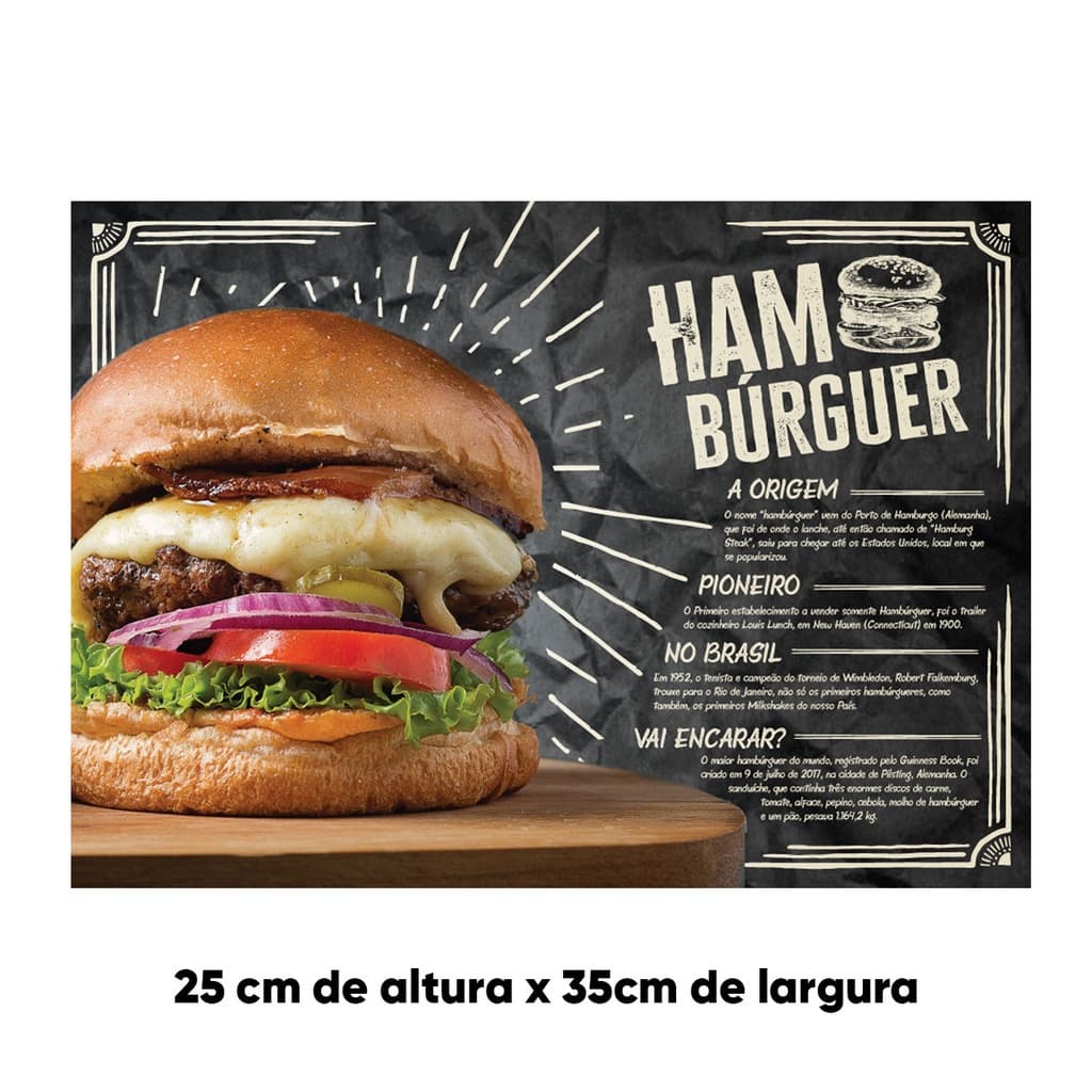 Jogo Americano Papel Hamburguer Curiosidades Reciclável Hamburgueria