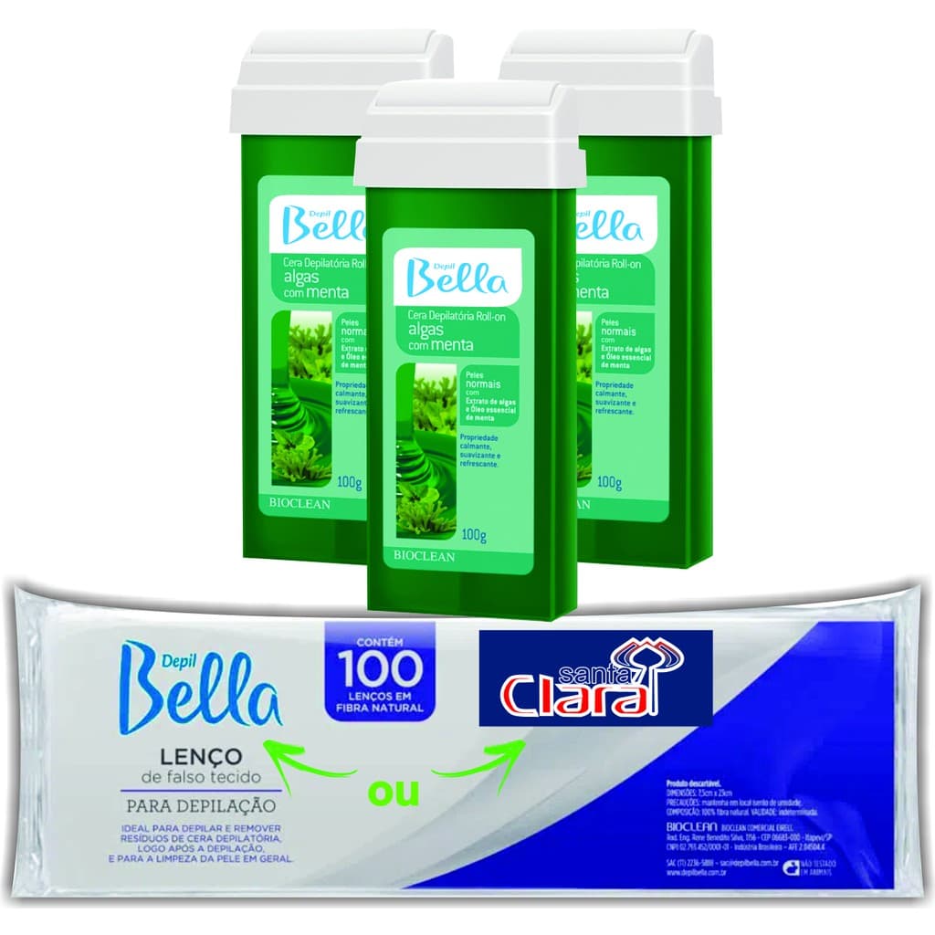 Kit Depilação Econômico 3 Refil Cera Rollon Algas com Menta e 1 Papel Cortado com 100 folhas Depil Bella