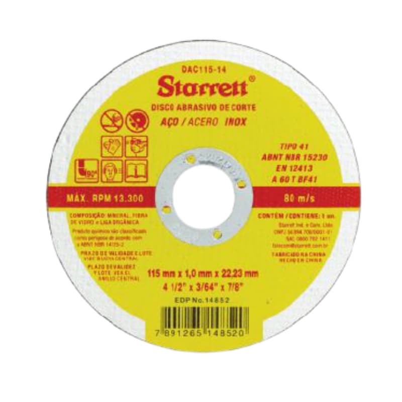 Disco Corte Aço Inox 115mm X 1mm X 22, 23 mm Starrett