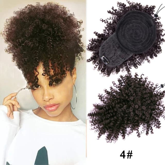 Nova Moda Africano Americano Cordão Preto Kinky Curly Alta Sopro Rabo De Cavalo Extensões De Cabelo Sintético Afro Com Franja Envoltório Curto Clipe