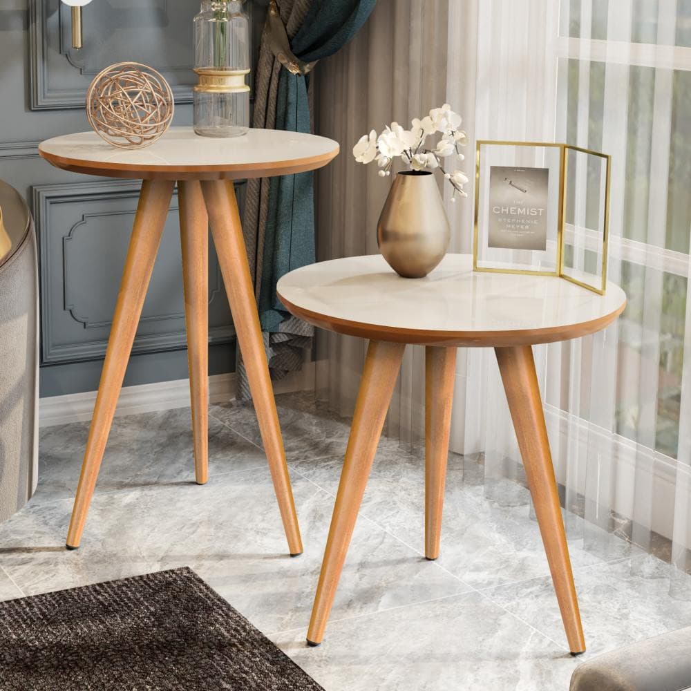 Conj. Mesa de Apoio e Lateral Classic Pé Palito Cor Off Freijó