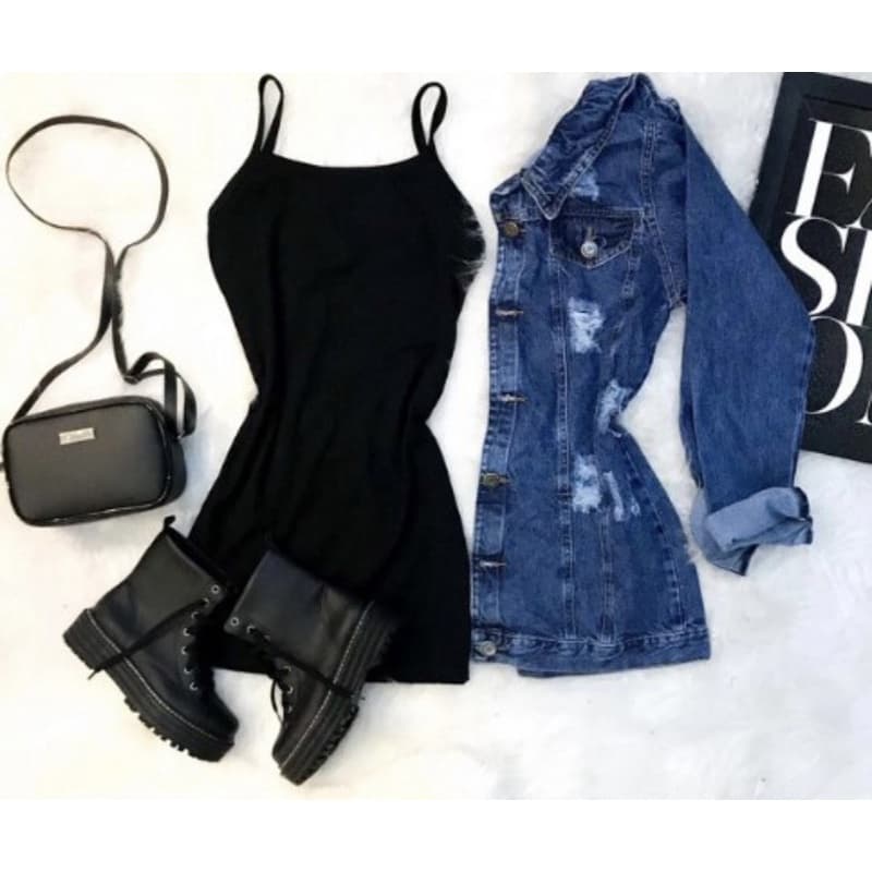 look conjunto Max jaqueta jeans e vestido